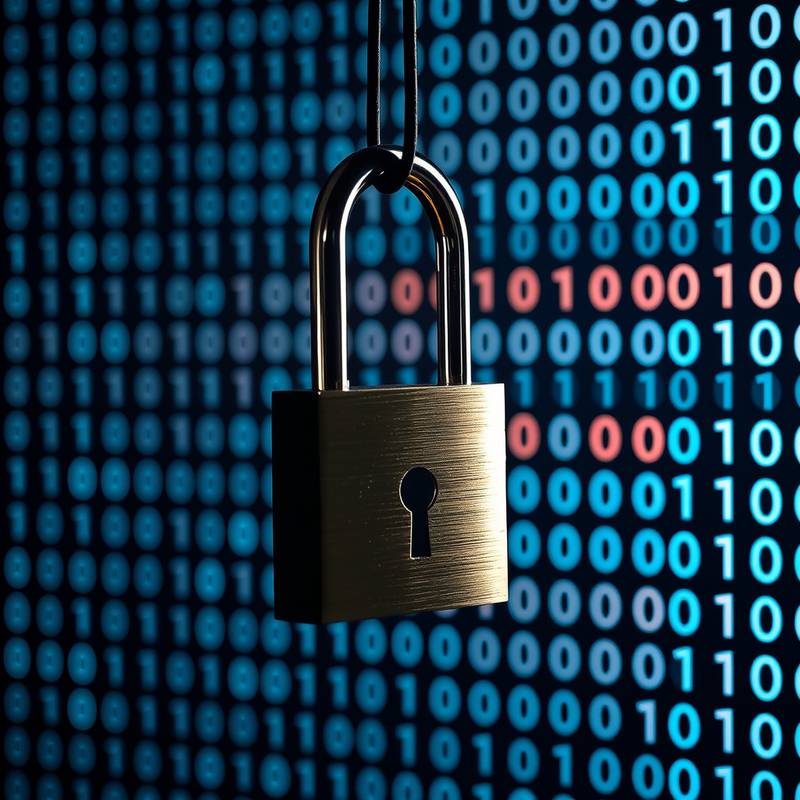 Een slot hangt voor een scherm met binaire code, wat de beveiliging van data en online privacy symboliseert.