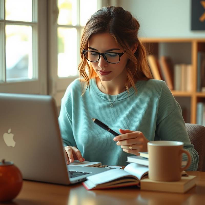 Een vrouw die aantekeningen maakt in een notitieboek en een laptop gebruikt, omringd door boeken en een kop koffie, wat de focus op studie en voorbereiding voorstelt.