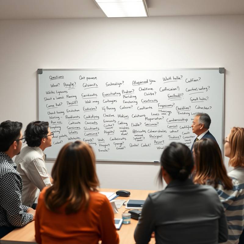 Een whiteboard met diverse vragen erop geschreven, omringd door mensen die brainstormen en ideeën uitwisselen, wat de essentie van veelgestelde vragen in een interview weergeeft.