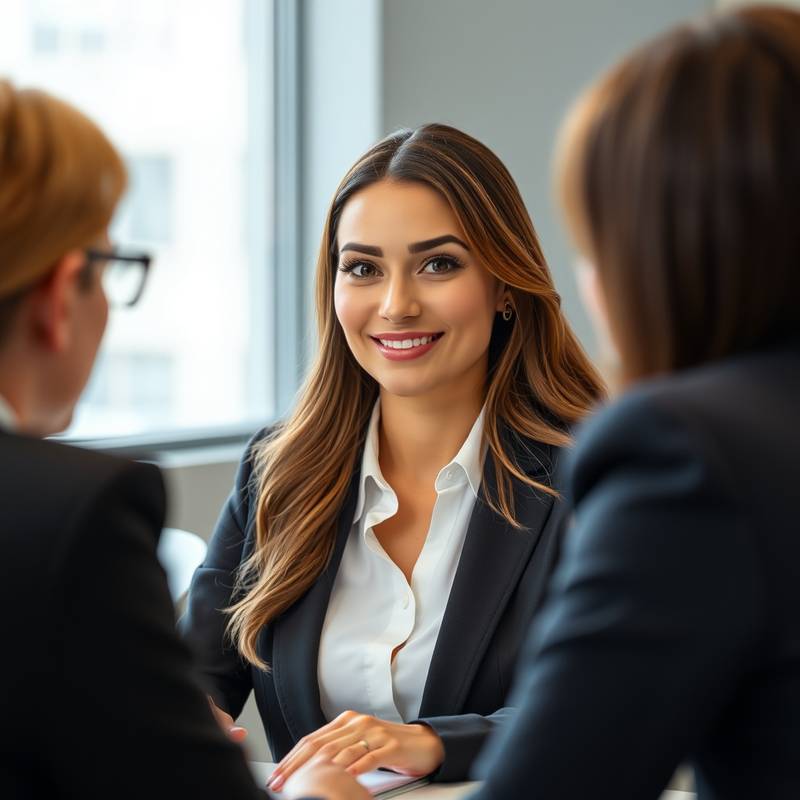 Een zakenvrouw die een sollicitatiegesprek voert met twee interviewers, waarbij de nadruk ligt op professionaliteit en zelfvertrouwen.