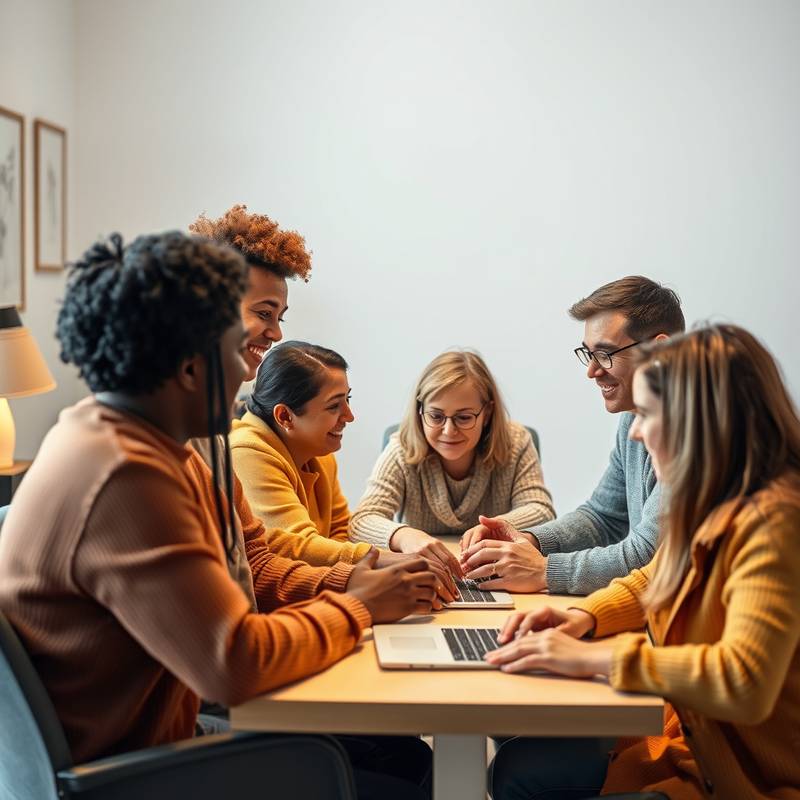 Illustratie van verschillende mensen met diverse beperkingen die samen een website bezoeken, waarbij de nadruk ligt op inclusie en gelijke toegang tot informatie.